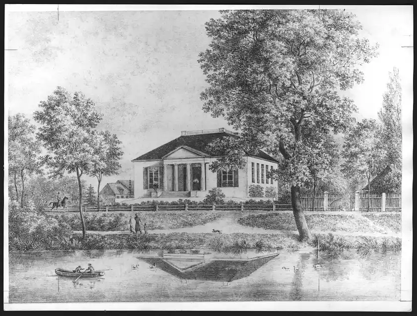 Vor 1853, Contrescarpe 22 von den Grünanlagen des Stadtgrabens aus gesehen. Lithographie nach F.A. Dreyer