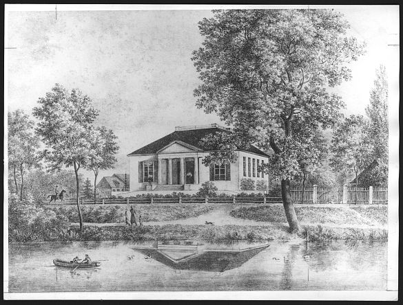 Vor 1853, Contrescarpe 22 von den Grünanlagen des Stadtgrabens aus gesehen. Lithographie nach F.A. Dreyer