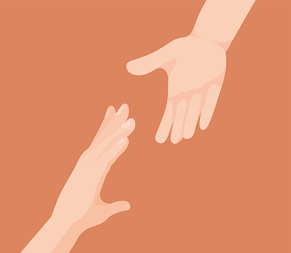 Eine Hand wendet sich hilfesuchend an einer weitere Hand.